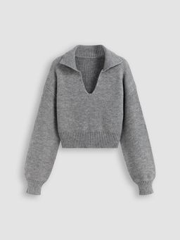 Cider - V-neck Solid Knitted Long Sleeve Crop Sweater