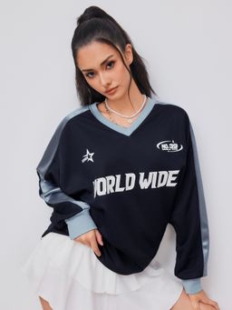 Cider - World Wide V-neck Graphic Oversized Tee