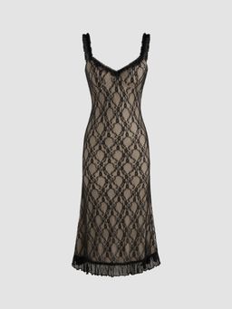 Cider - Lace V-neck Lettuce Trim Sleeveless Maxi Dress