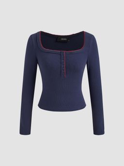 Cider - Cotton-blend Square Neck Solid Contrasting Binding Long Sleeve Crop Tee