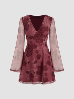 Cider - Mesh V-neck Floral Ruffle Mini Dress