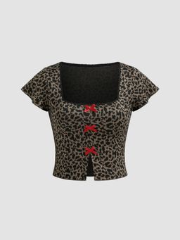 Cider - Square Neck Leopard Print Bowknot Short Sleeve Top