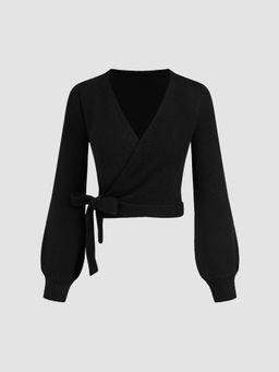 Cider - Knitted V-neck Solid Knotted Wrap Cardigan