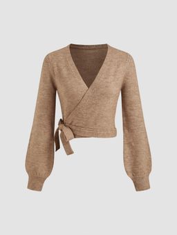 Cider - Knitted V-neck Solid Knotted Wrap Cardigan