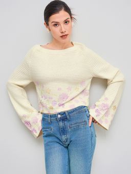 Cider - Knit Boat Neck Floral Bell Sleeve Crop Top