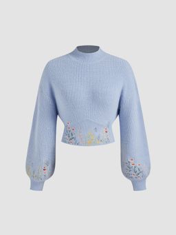 Cider - Knit High Neck Floral Embroidery Long Sleeve Crop Top