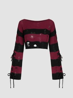 Cider - Knit Boat Neckline Striped Lace Up Ripped Crop Top