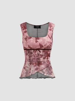 Cider - Square Neck Floral Bowknot Lettuce Trim Tank Top