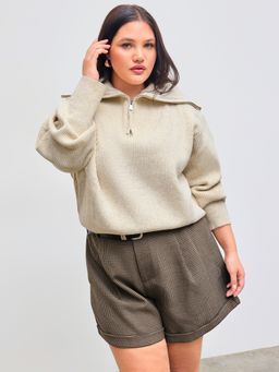 Cider - Wool-blend Collar Solid Zipper Long Sleeve Knitted Sweater Curve & Plus