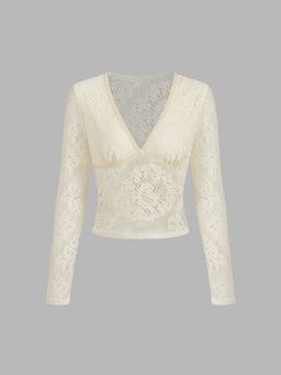 Cider - Lace V-neck Solid Hollow Out Long Sleeve Tee