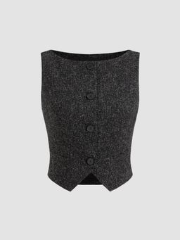 Cider - Tweed Boat Neck Solid Button Vest