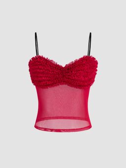 Cider - Mesh Sweetheart Neckline Solid Lettuce Trim Cami Top