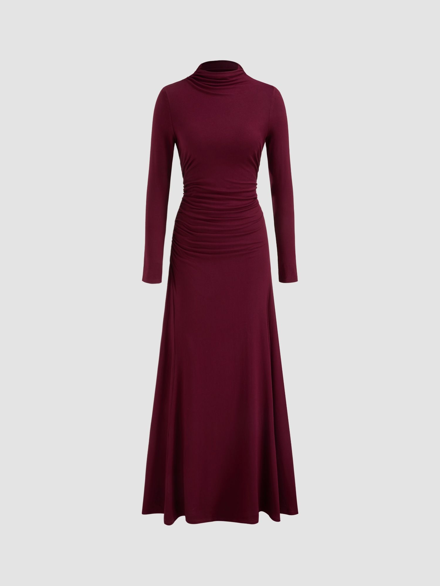 High Neck Solid Ruched Ruffle Long Sleeve Maxi Dress