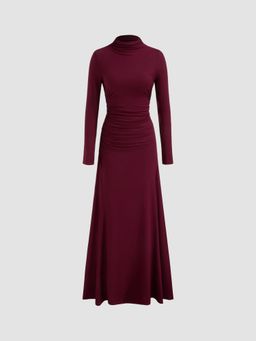 Cider - High Neck Solid Ruched Ruffle Long Sleeve Maxi Dress