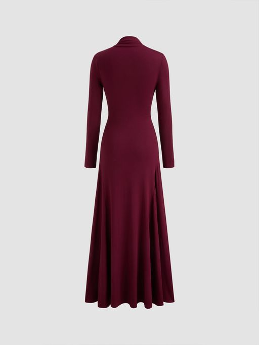 Buy Cider High Neck Solid Ruched Ruffle Long Sleeve Maxi Dress (XS) Online