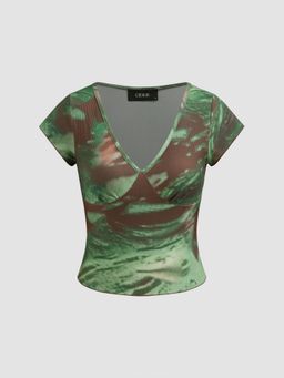 Cider - V-neck Abstract Short Sleeve Top