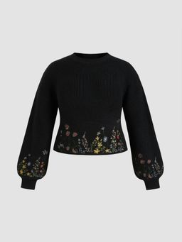 Cider - Knit Round Neckline Floral Embroidery Crop Sweater Curve & Plus