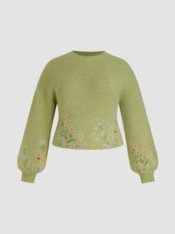 Cider - Knit Round Neckline Floral Embroidery Crop Sweater Curve & Plus