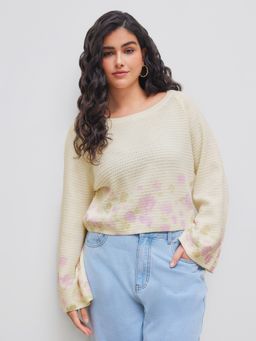 Cider - Knit Boat Neck Floral Bell Sleeve Crop Top Curve & Plus