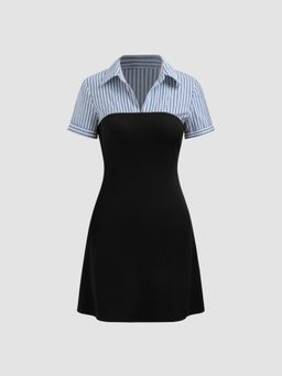 Cider - Cotton-blend Collar Striped Short Sleeve Mini Dress