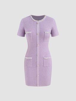 Cider - Knit Round Neckline Solid Rhinestone & Pearl Button Mini Dress