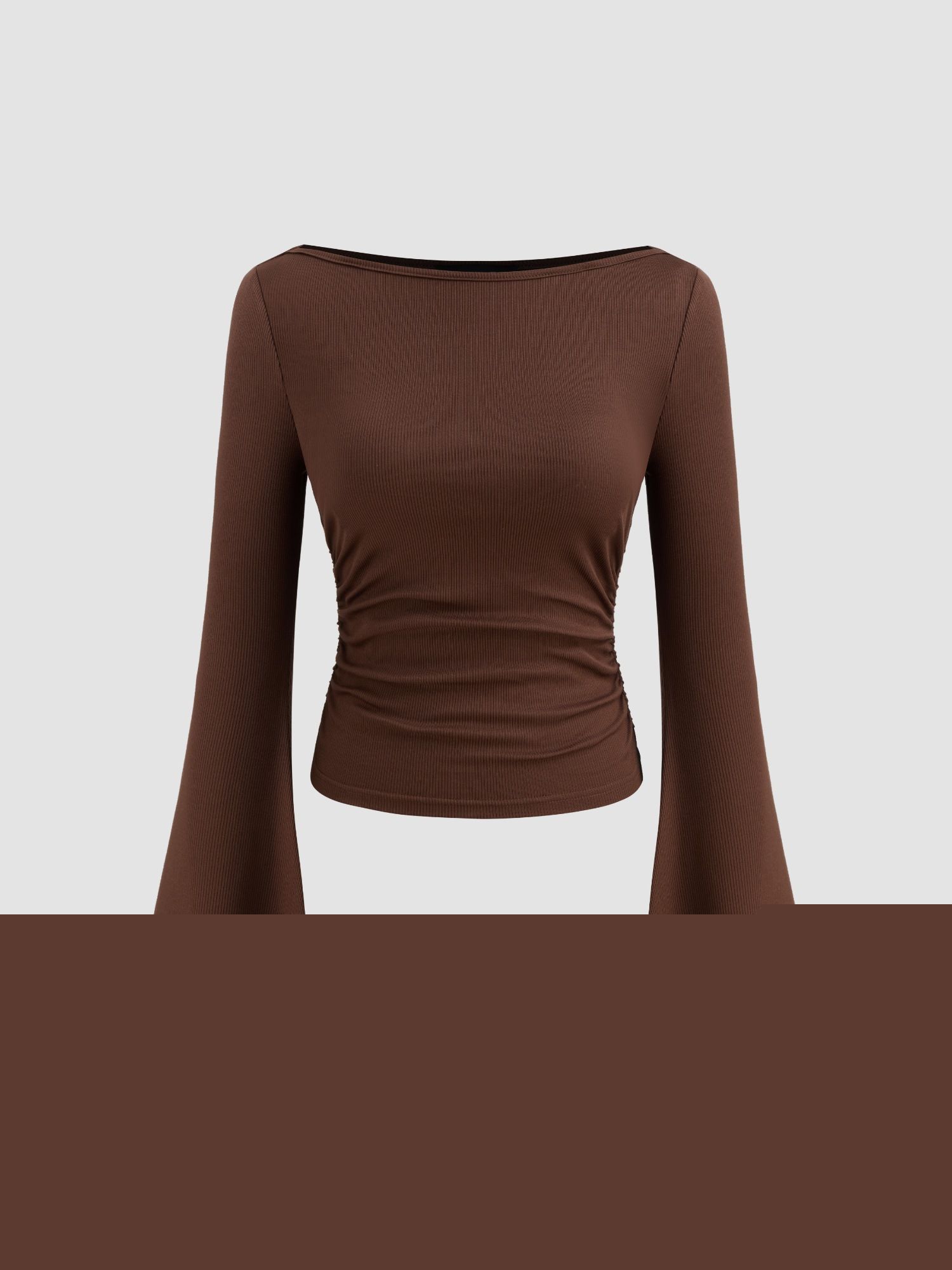 cider Boat Neck Solid Ruched Long Sleeve Tee-picture-18