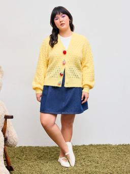 Cider - Wool-blend V-neck Solid Strawberry Button Hollow Out Knitted Cardigan Curve & Plus