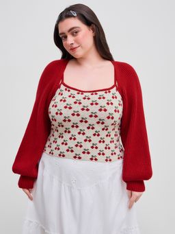 Cider - Jacquard Square Neck Cherry Cami Top & Knit Solid Cardigan Curve & Plus