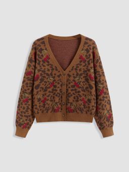 Cider - Jacquard V-neck Leopard Cherry Button Long Sleeve Sweater Curve & Plus
