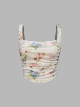 Cider - Mesh Square Neck Floral Ruched Crop Cami Top