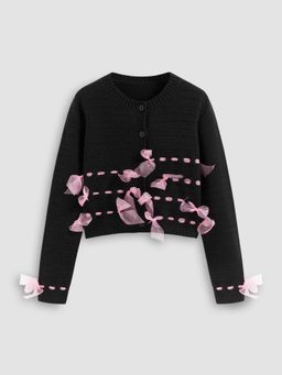 Cider - Knit Round Neckline Mesh Bowknot Cardigan