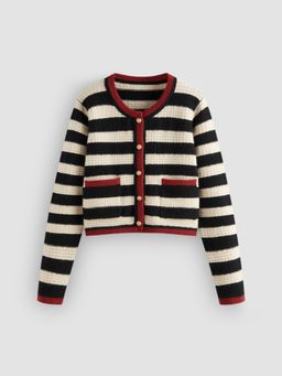 Cider - Knitted Round Neckline Striped Contrasting Binding Pocket Cardigan