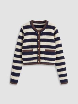 Cider - Knitted Round Neckline Striped Contrasting Binding Pocket Cardigan
