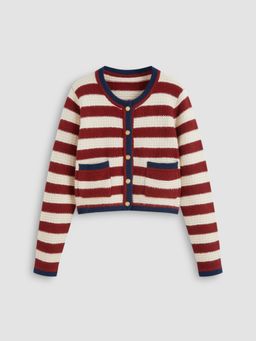 Cider - Knitted Round Neckline Striped Contrasting Binding Pocket Cardigan