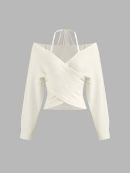 Cider - Knitted Halter Neckline Solid Knotted Long Sleeve Top