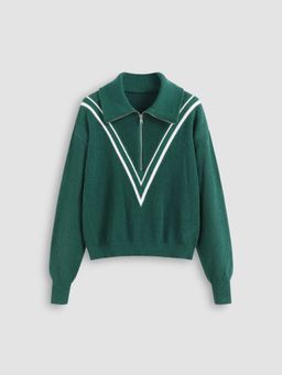 Cider - Knit Collar V Striped Zipper Long Sleeve Top