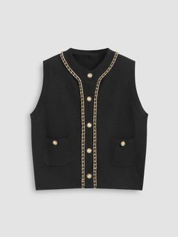 Cider - Knitted Round Neckline Solid Contrasting Binding Button Vest