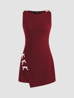 Cider - Boat Neckline Solid Bowknot Wrap Mini Dress