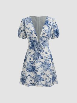 Cider - V-neck Floral Tie Front Knotted Mini Dress