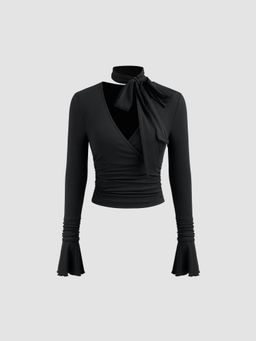 Cider - V-neck Solid Lettuce Trim Ruched Long Sleeve Top With Scarf