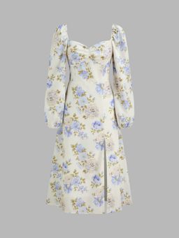 Cider - Sweetheart Neckline Floral Split Shirred Midi Dress