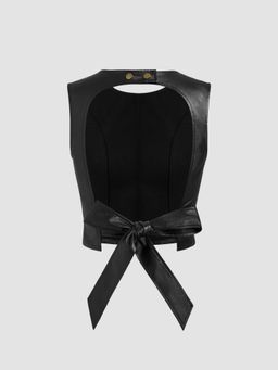 Cider - Faux Leather Round Neckline Solid Knotted Backless Crop Top