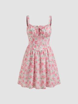 Cider - Square Neck Floral Knotted Corset Sleeveless Mini Dress