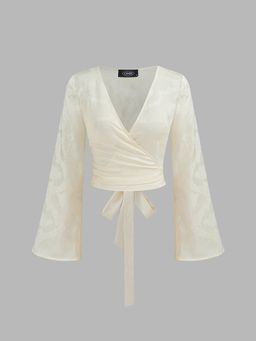 Cider - V-neck Solid Wrap Knotted Long Sleeve Crop Blouse