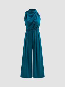 Cider - Satin High Neck Solid Zipper Pleated Wide Leg Jumpsuit