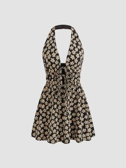 Cider - Halter Neckline Floral Tie Front Bow Ruffle Mini Dress