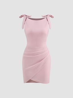 Cider - Boat Neckline Solid Bowknot Wrap Ruched Mini Dress
