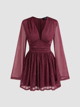 Cider - Mesh V-neck Solid Glitter Ruched Zipper Romper