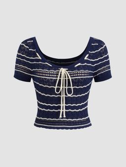 Cider - Knit Scoop Neckline Striped Knotted Short Sleeve Top