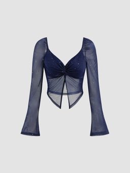 Cider - Mesh Sweetheart Neckline Solid Sequin Twist Split Long Sleeve Top
